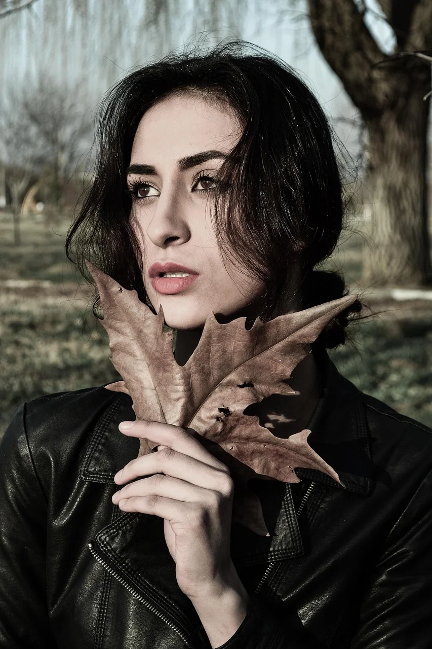 girl, red, leaves, lips