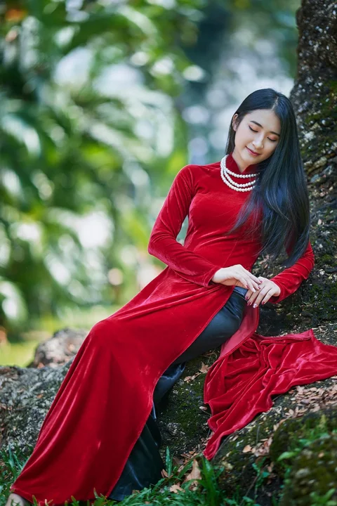 女性, ポートレート, アオザイ, 赤いドレス