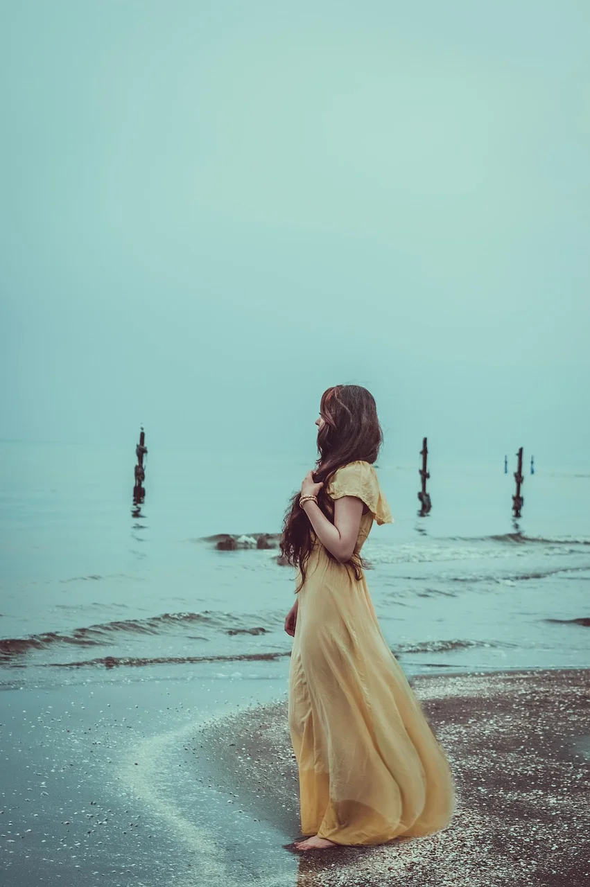 woman, beach, dress, ocean