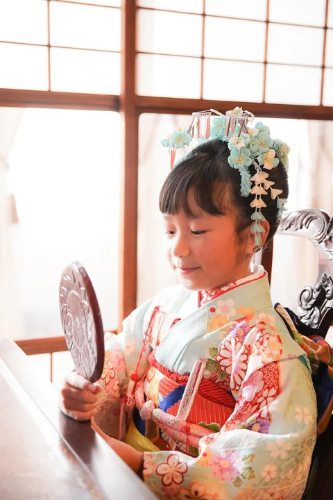 girl, kimono, japan, hand mirror