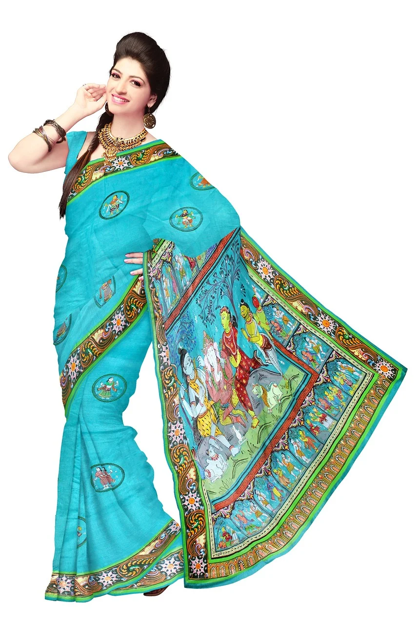 sari, teal, turquoise, woman
