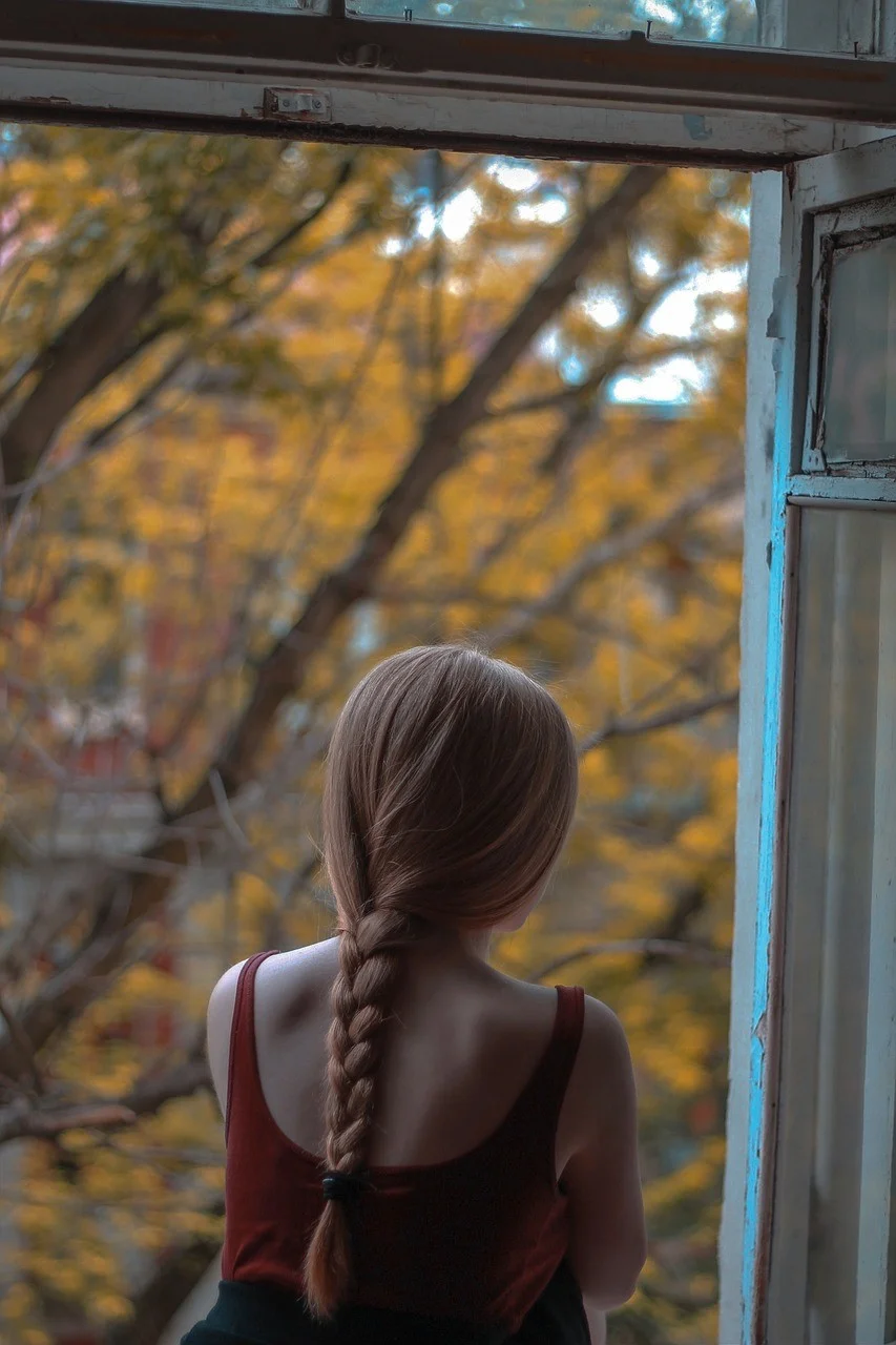 woman, braided hair, window, portrait