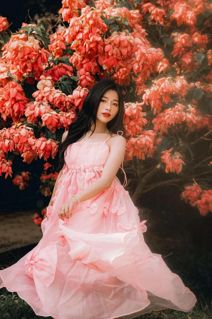 asian woman, garden, flowers, outdoors