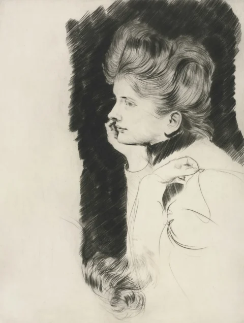 Elegant woman in profile with hand to chin