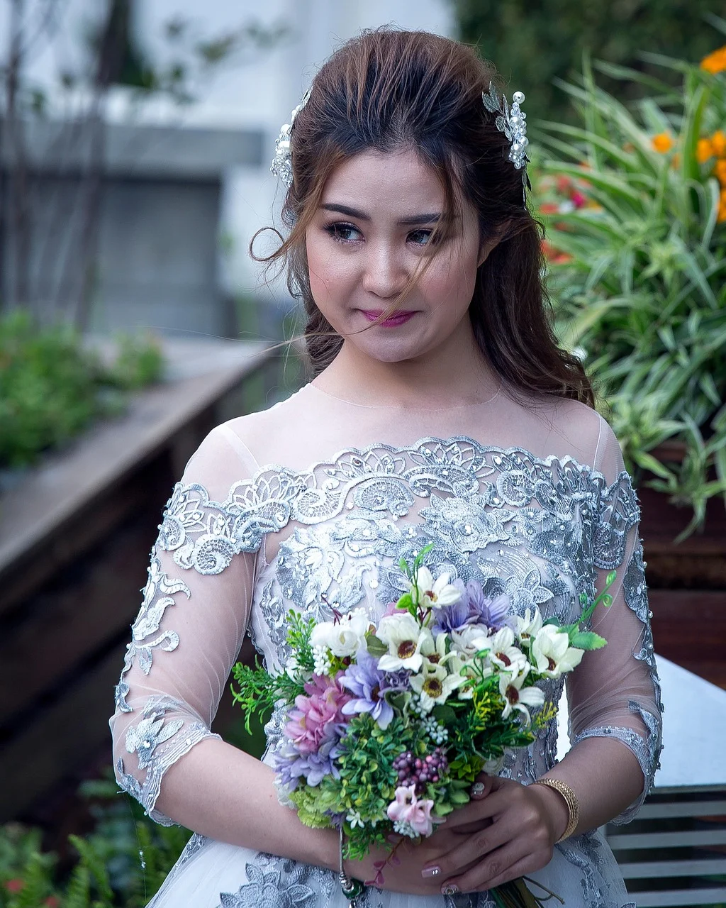 woman, model, portrait, flowers