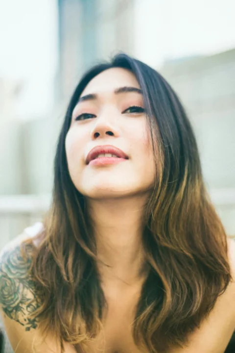 a woman with long hair