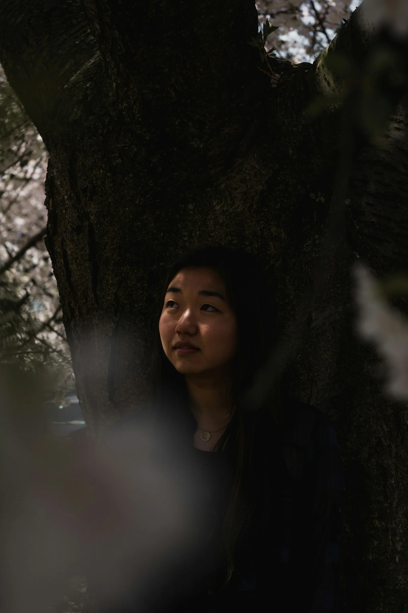 a woman standing next to a large tree