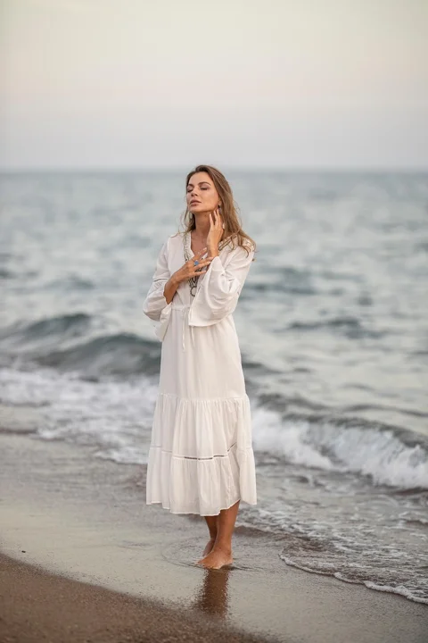 woman, white dress, beach, fashion