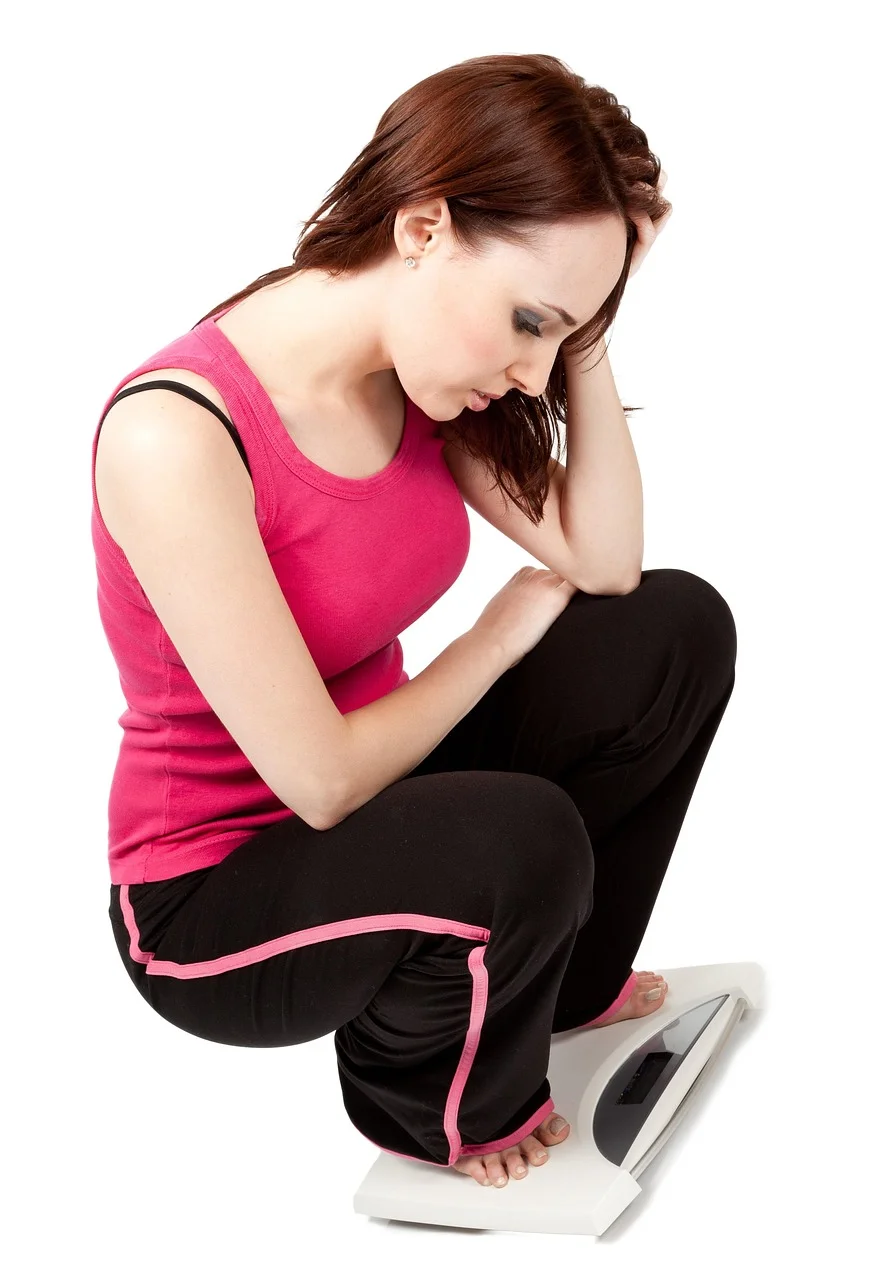weight loss, scales, young woman, worried