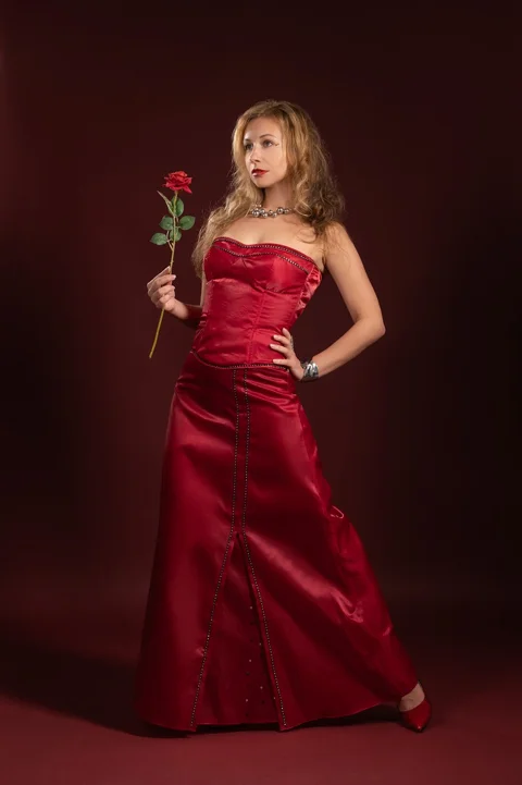 woman, rose, flower, evening dress