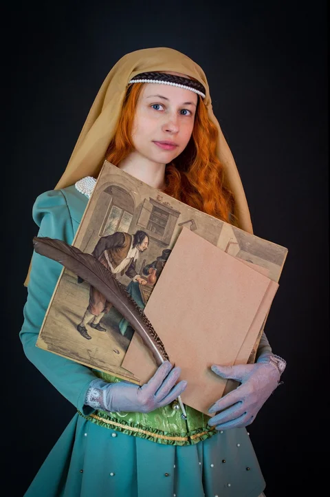 woman, scroll, document, pen