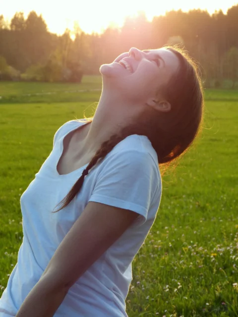 girl, woman, meadow, sunset