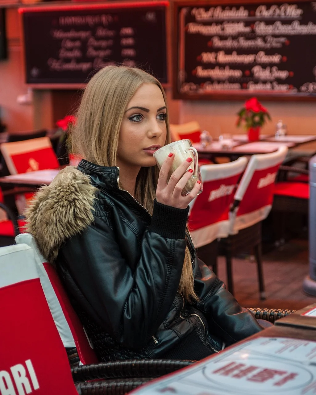 terrace, woman, hot, coffee