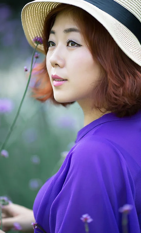 asian woman, purple flower, portrait, outdoors