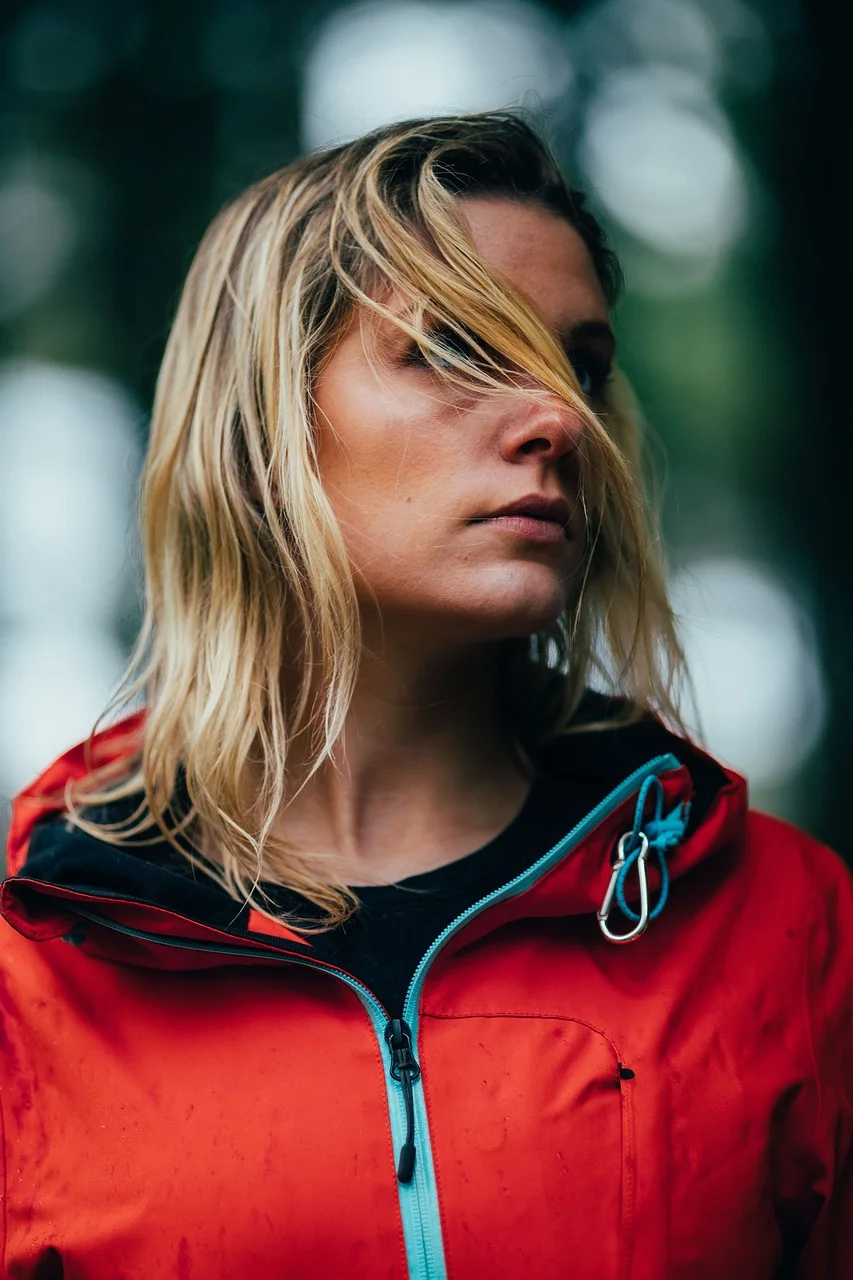 red, jacket, people, woman