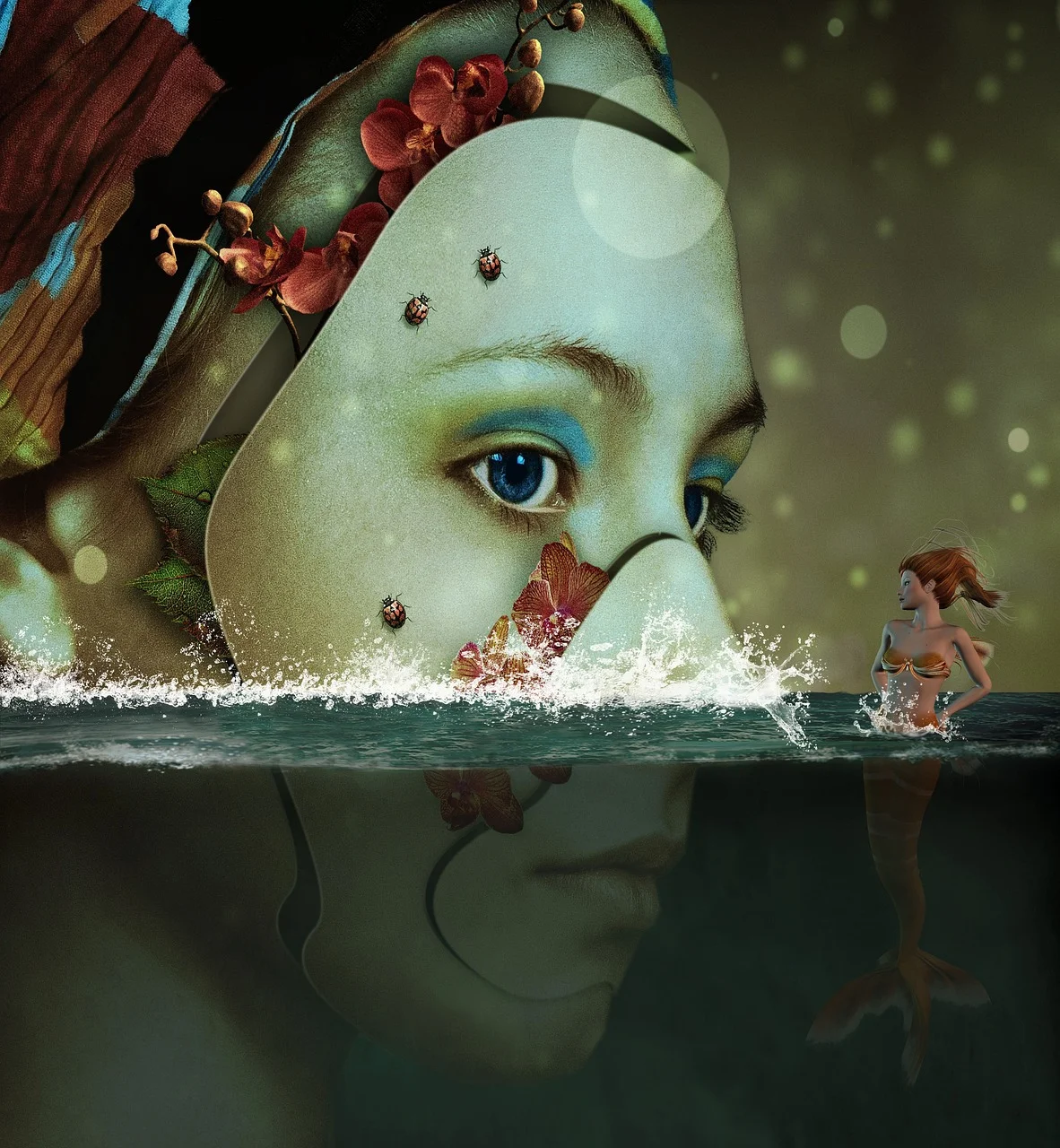 woman, mermaid, water, face