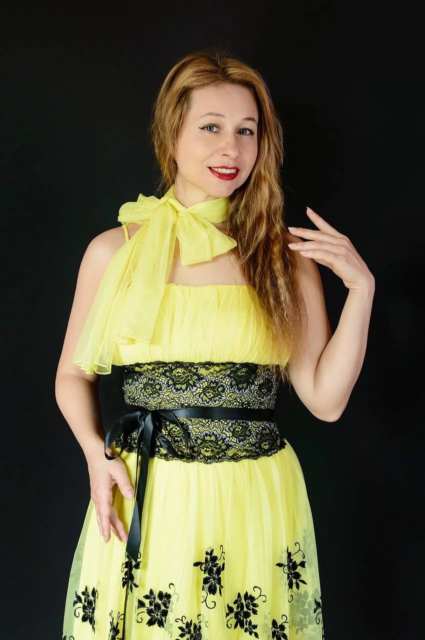 woman, yellow dress, evening dress, smiling