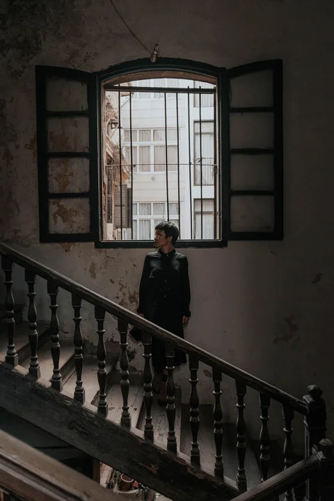 woman, model, stairs, window