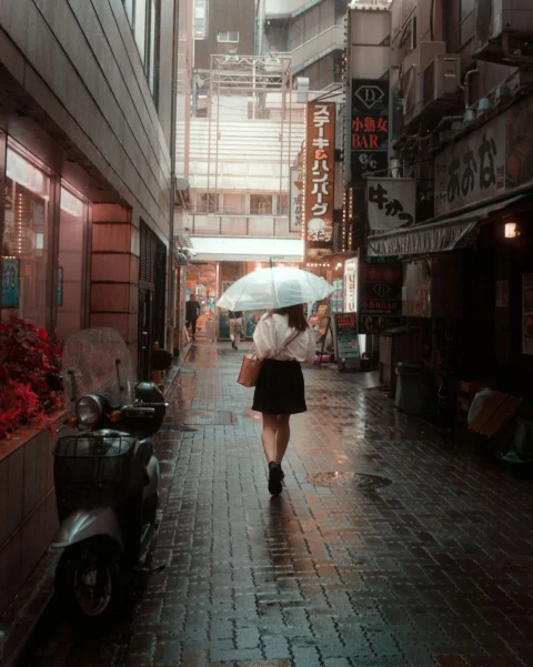 Woman with umbrella walks down rainy city street