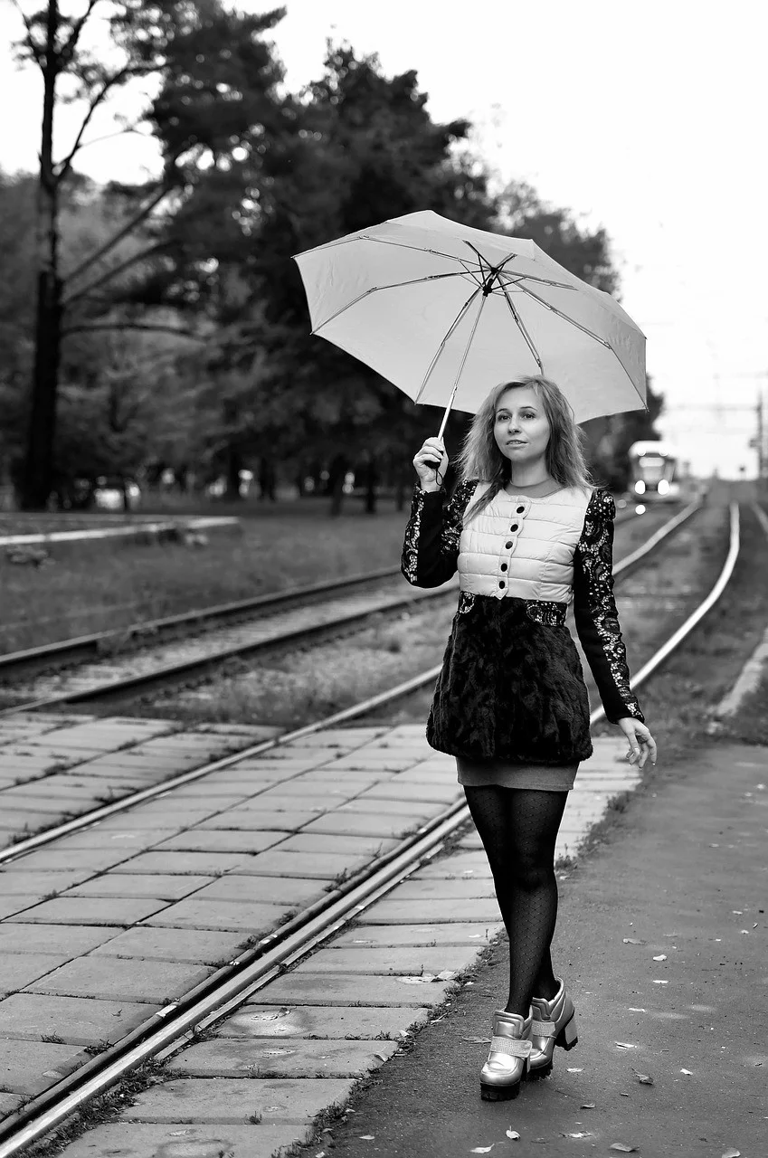 autumn, woman, tram railway, street