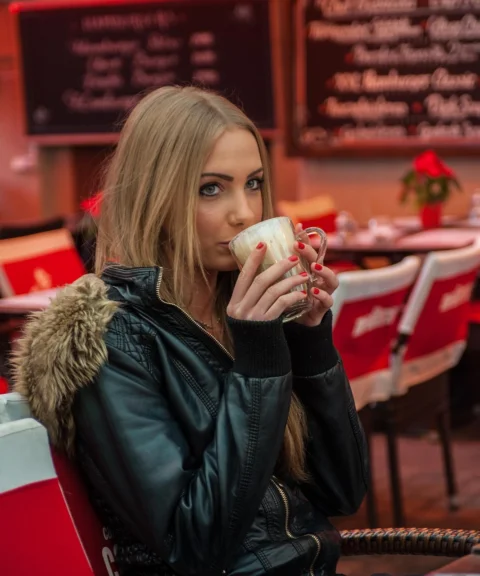 terrace, woman, hot, coffee