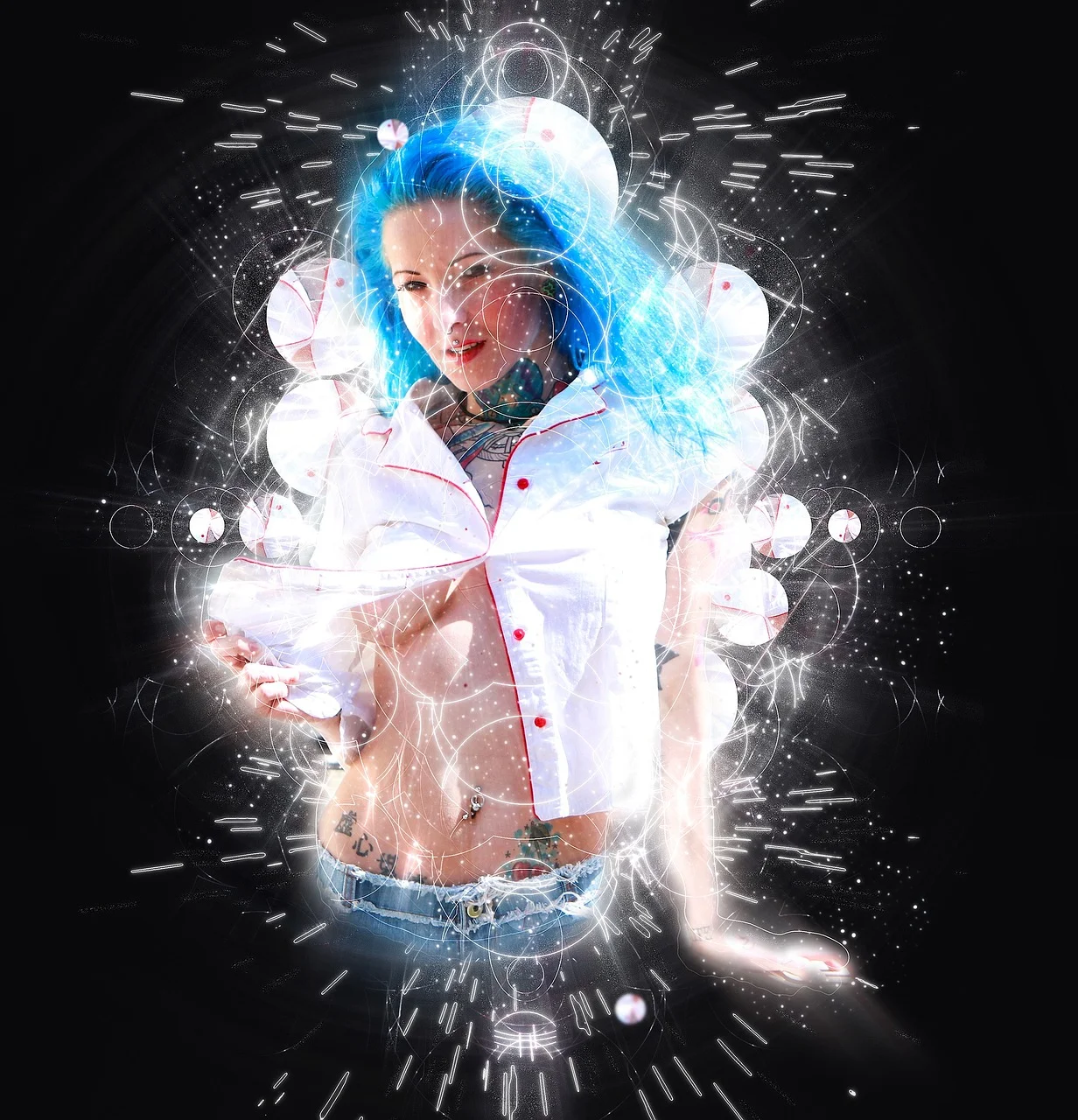 woman, blue hair, circles, art