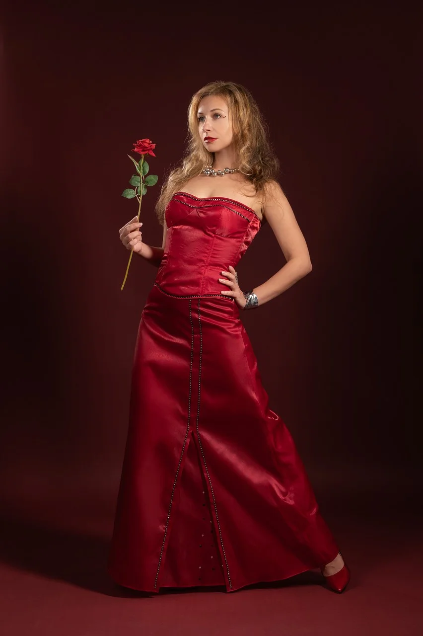 woman, rose, flower, evening dress