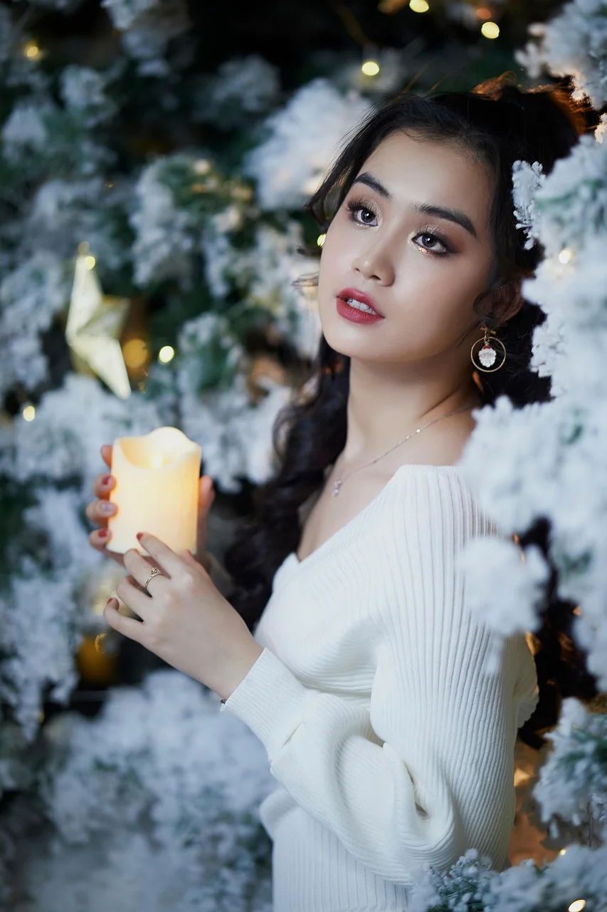 woman, model, christmas tree, candle