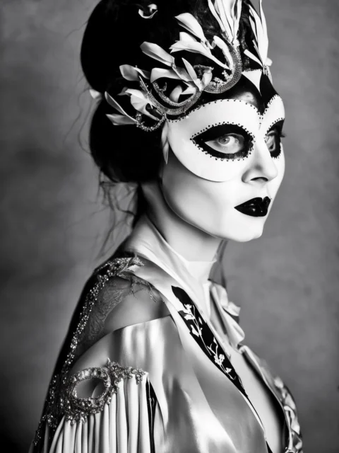 mask, model, black and white, portrait