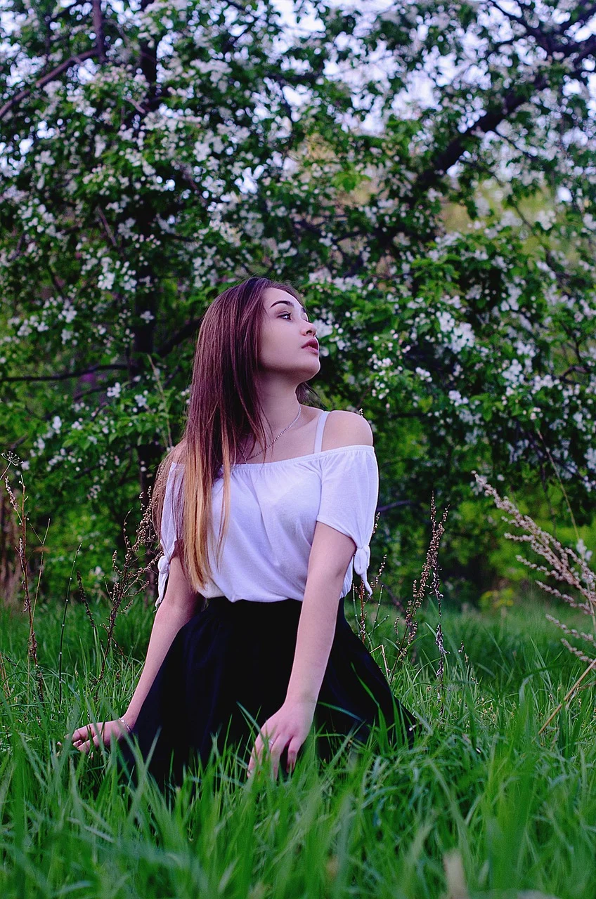 young woman, model, blouse, bloom