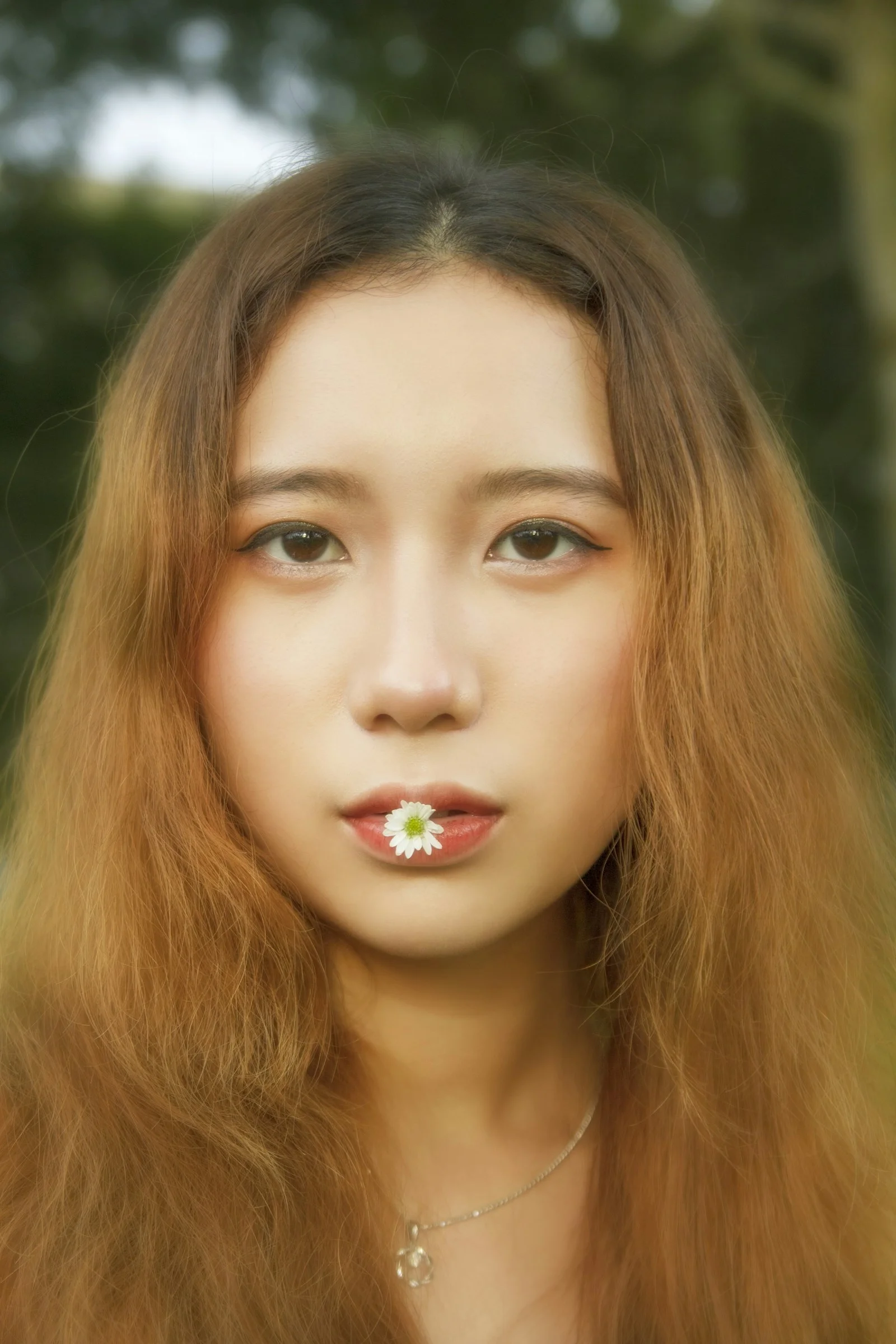長い髪で口に花をくわえた女性