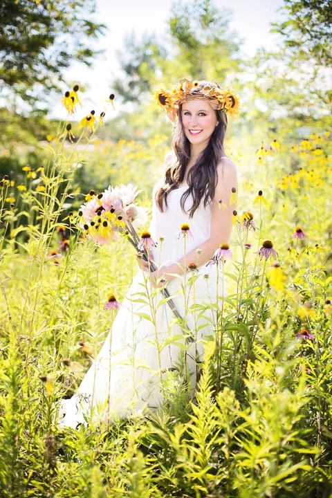 pretty woman, wildflowers, summer, nature