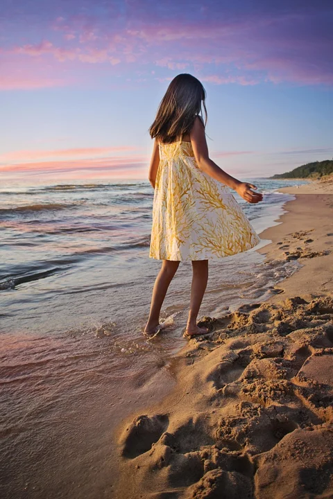 beach, stroll, girl, sunset