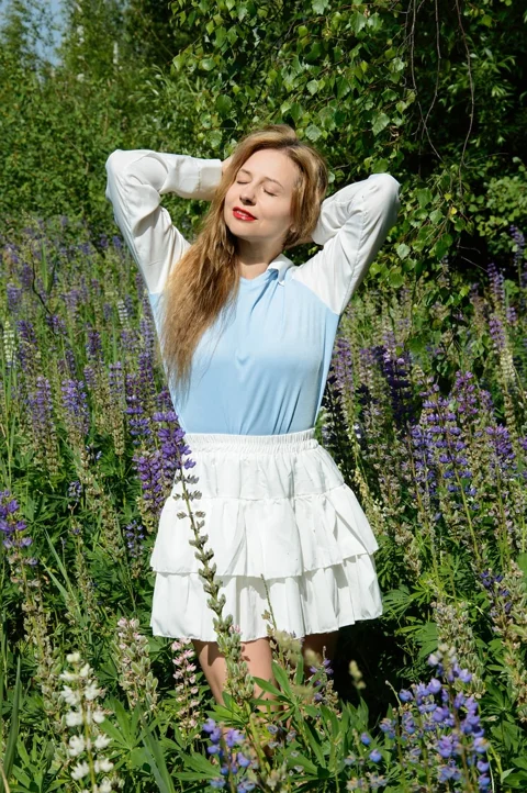 woman, meadow, nature, lupine