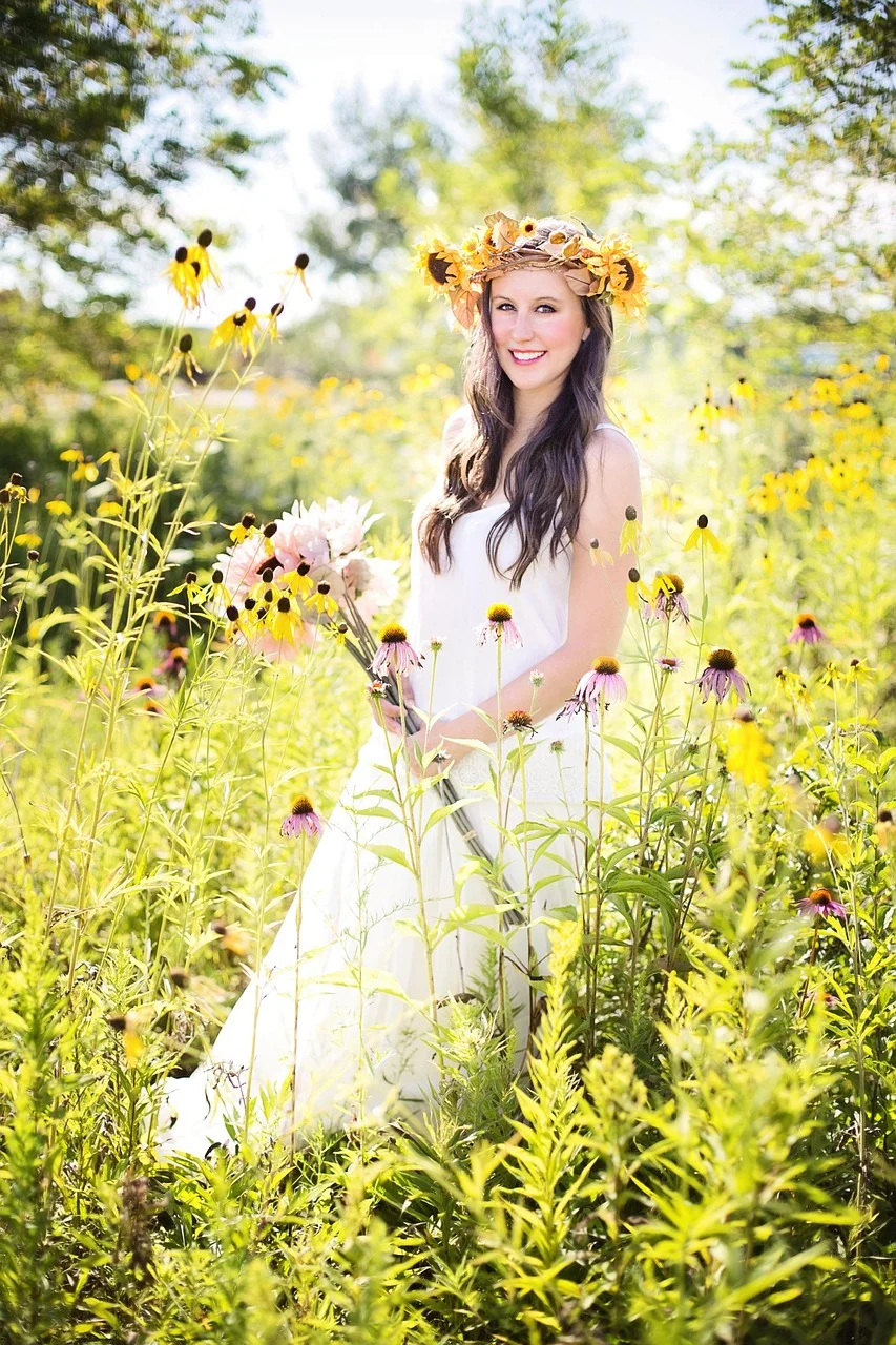 pretty woman, wildflowers, summer, nature