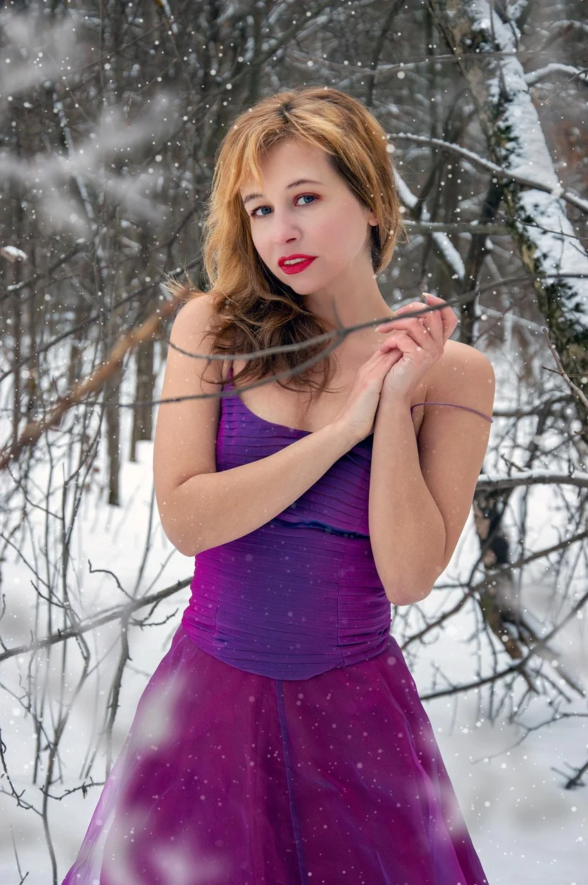 女性，连衣裙，雪，森林