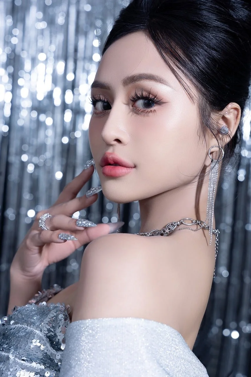 woman, dress, silver, shiny