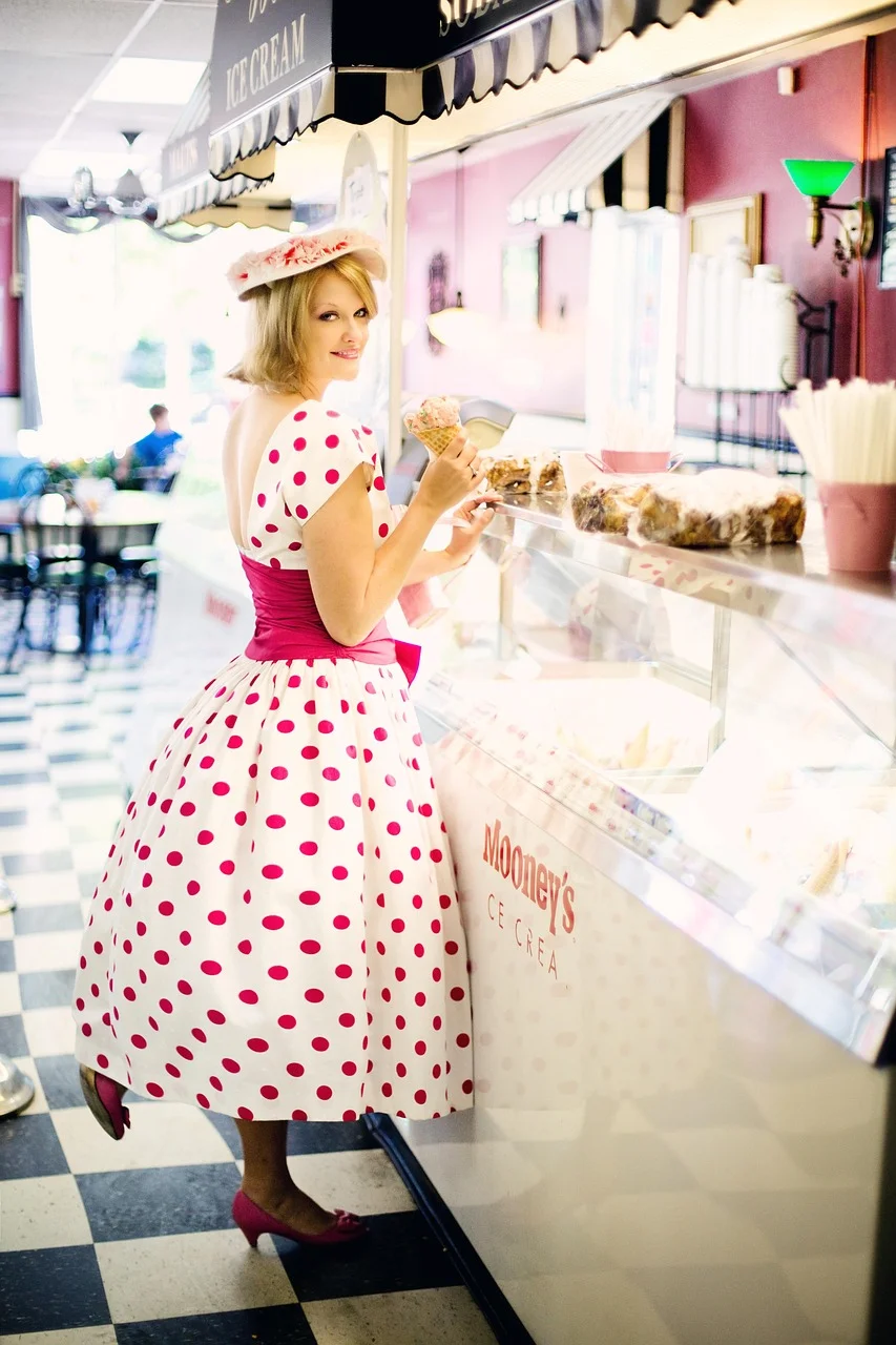 vintage ice cream parlor, pretty young woman, vintage, polka dot dress