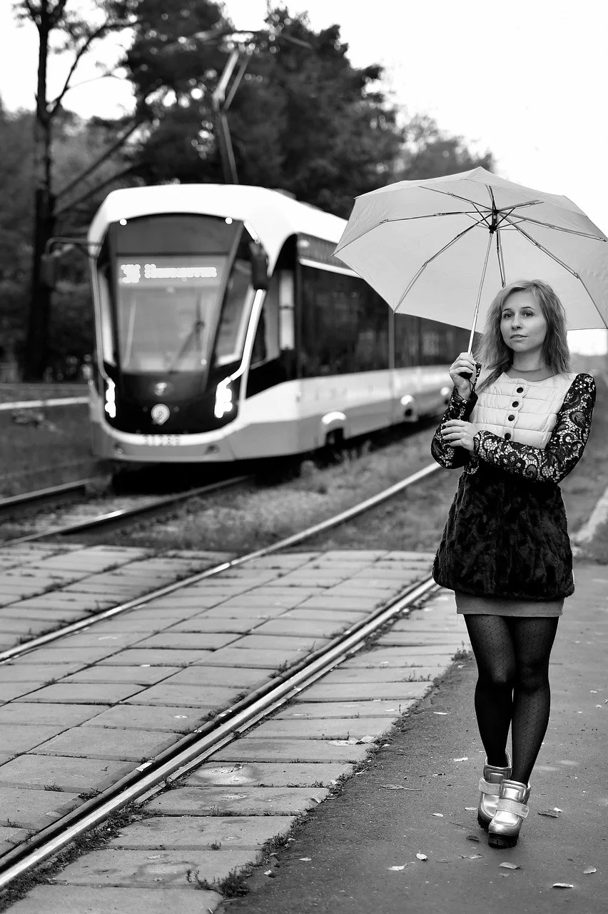 autumn, woman, tram railway, street