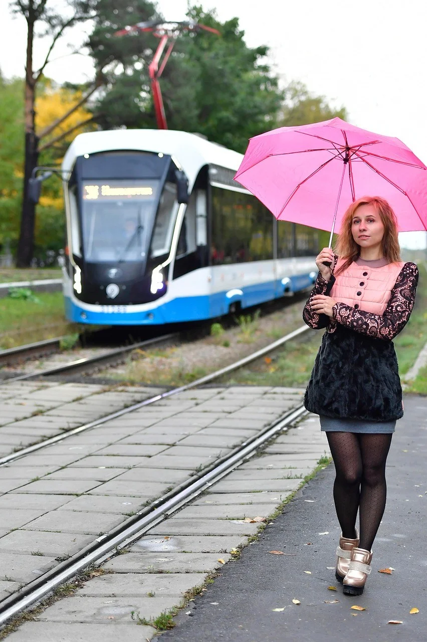 autumn, woman, tram railway, street
