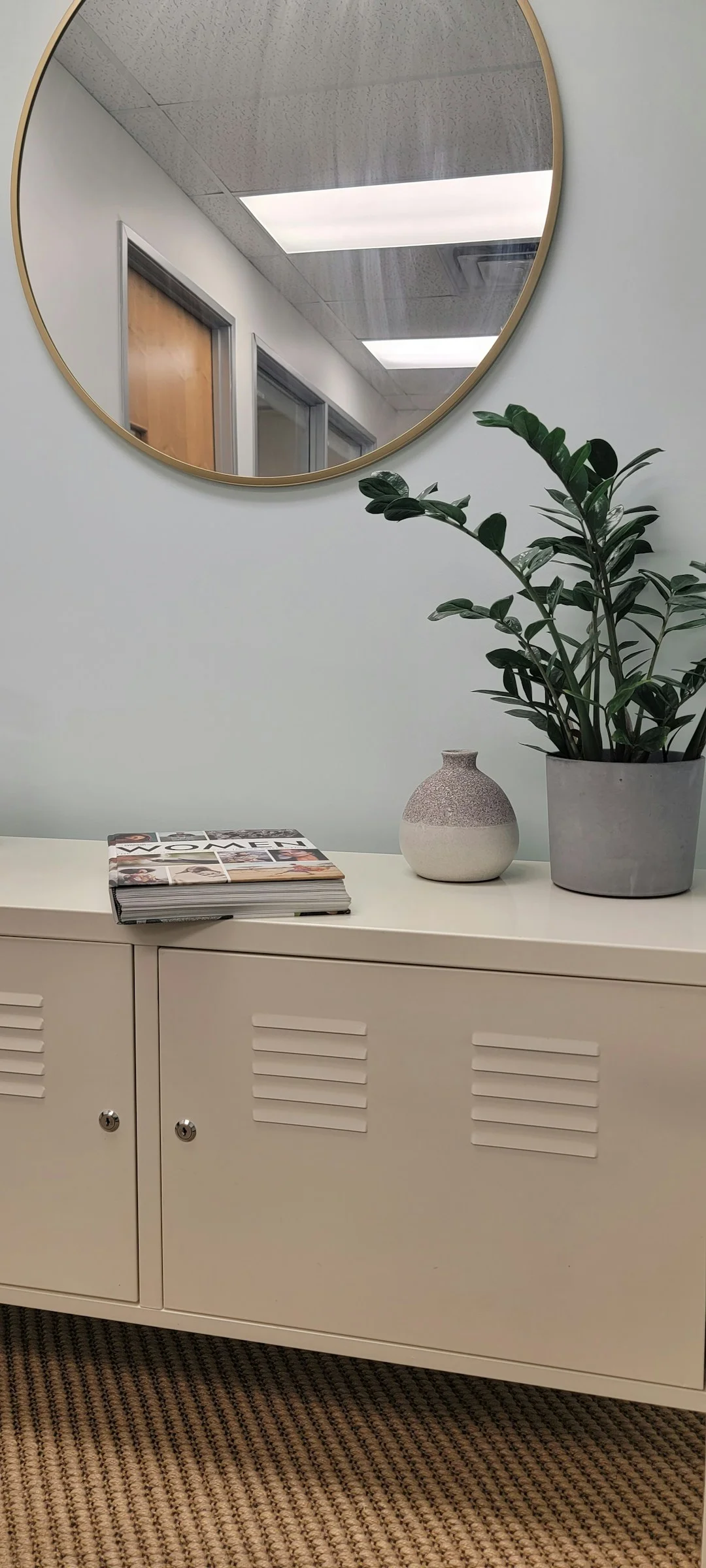 a white cabinet with a plant and a round mirror