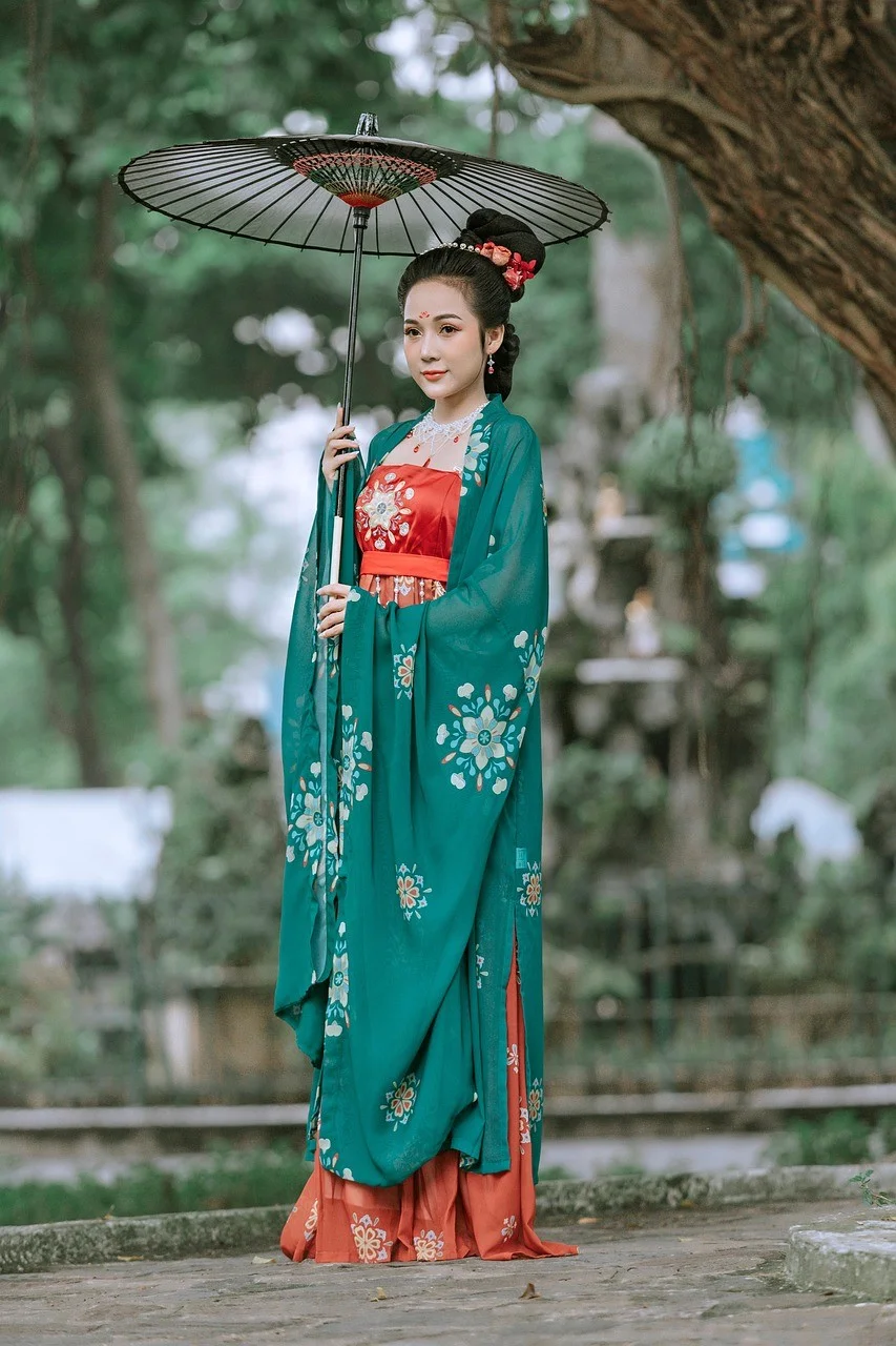 fashion, woman, chinese dress, parasol