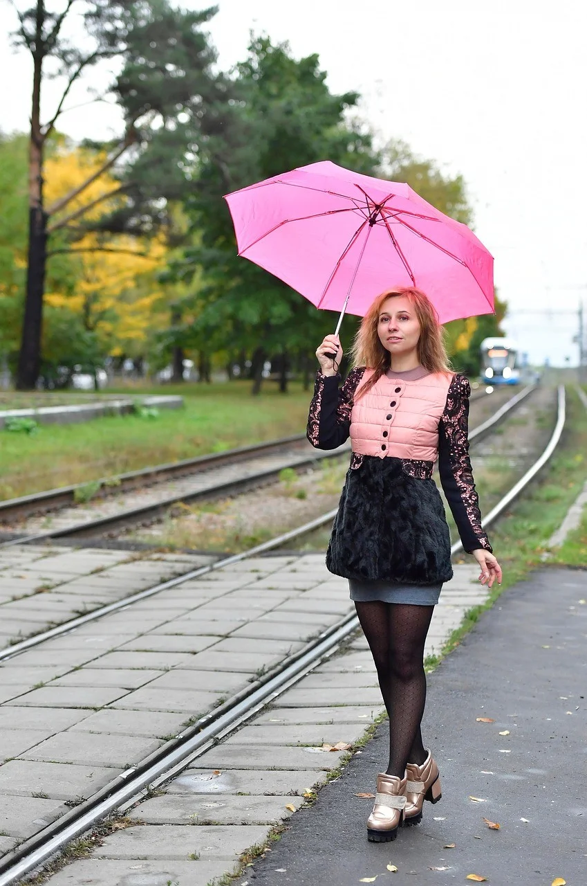 autumn, woman, tram railway, street