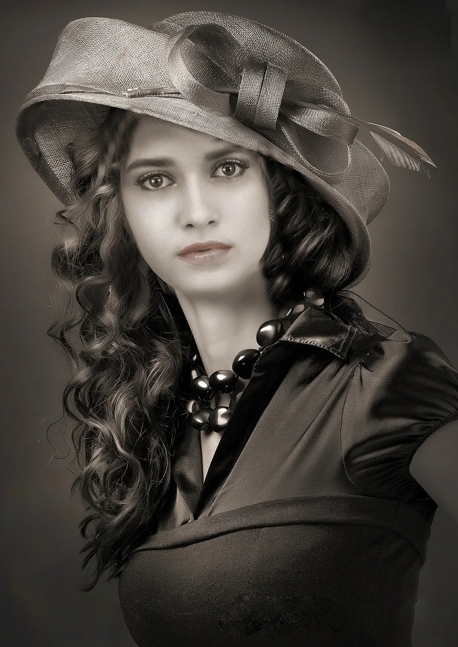 young woman, dark hair, hat, portrait