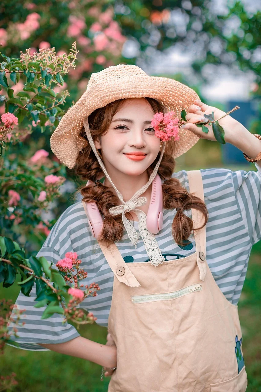 女子、鲜花、花园、肖像
