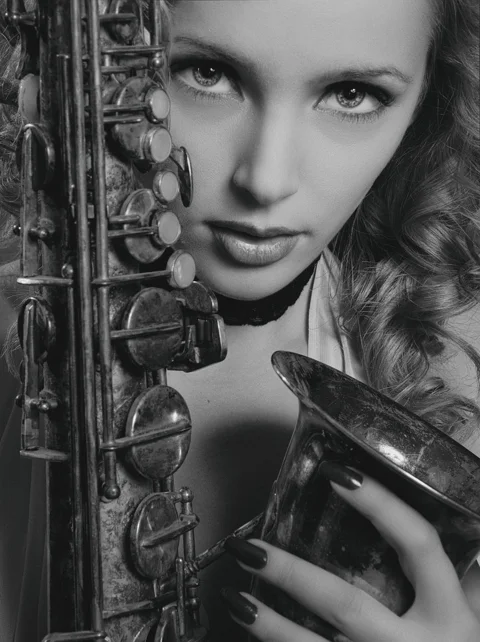 girl, portrait, saxophone, monochrome