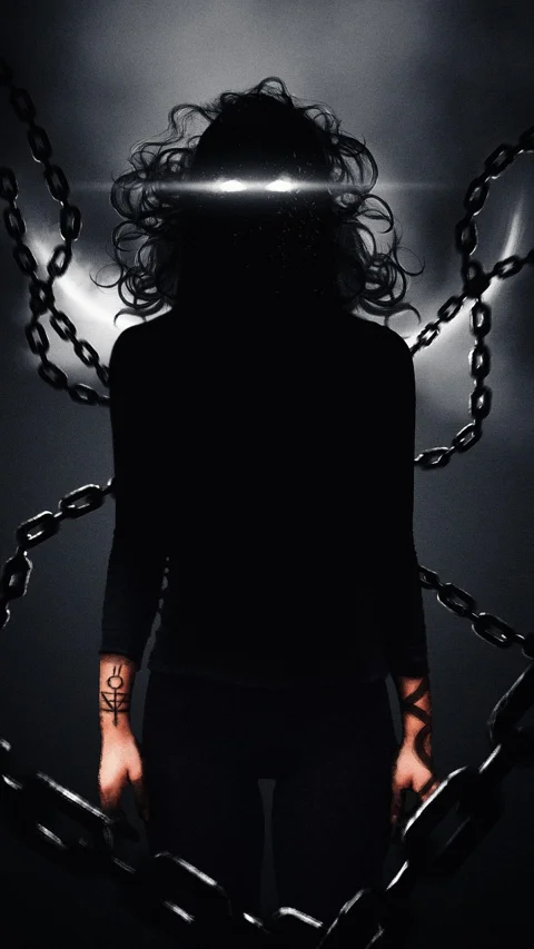 glowing eyes, young woman, chains, evil