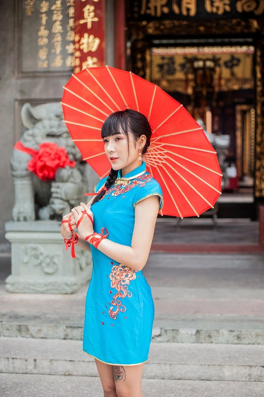 アジア人女性、寺、傘、若い女性