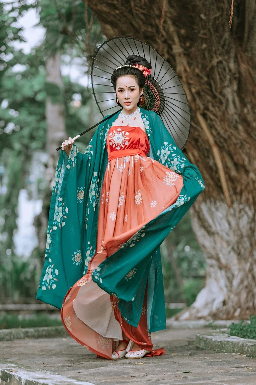 fashion, woman, chinese dress, parasol
