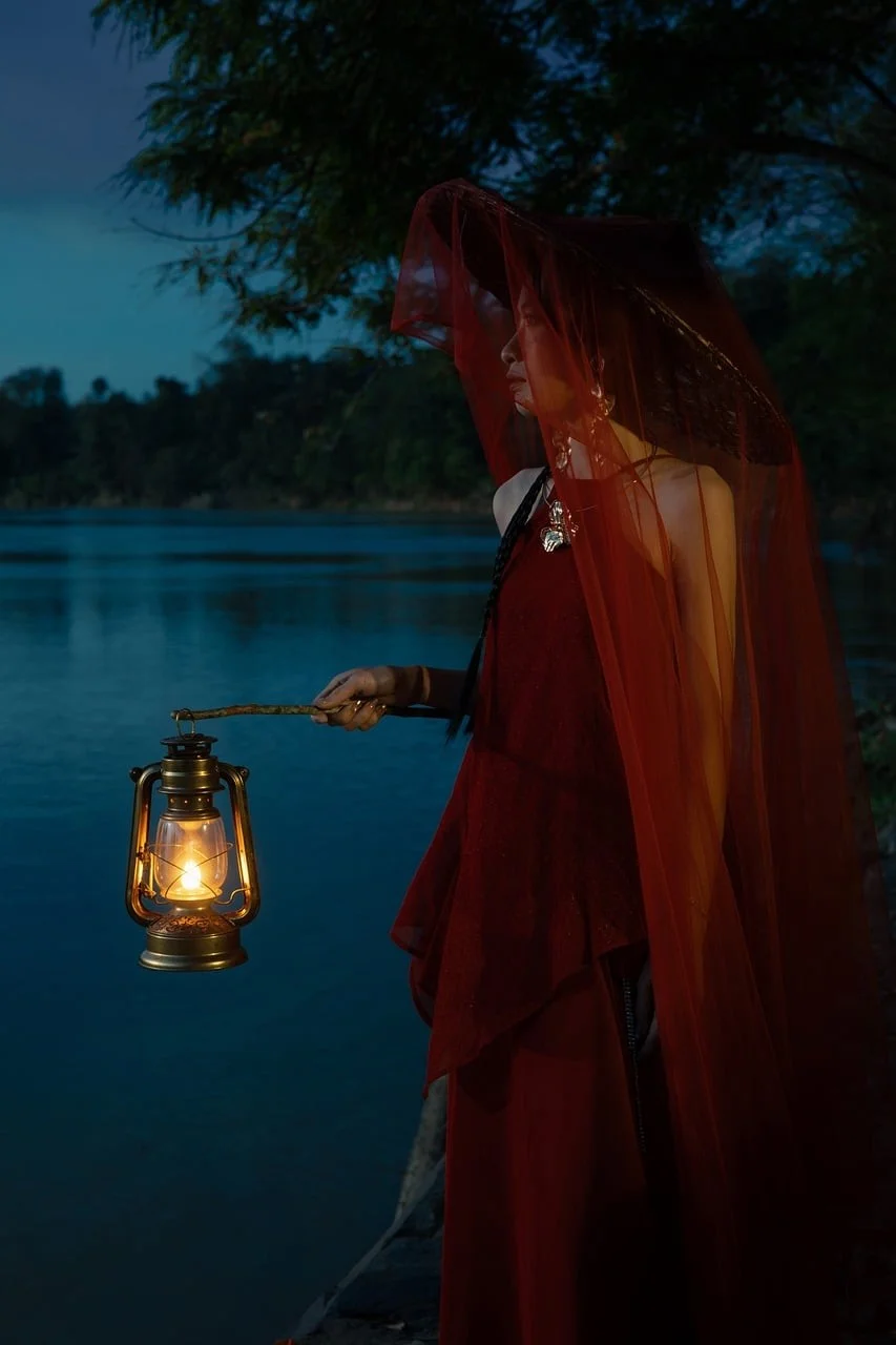 vietnamese girl, asian woman, oil lamp, river